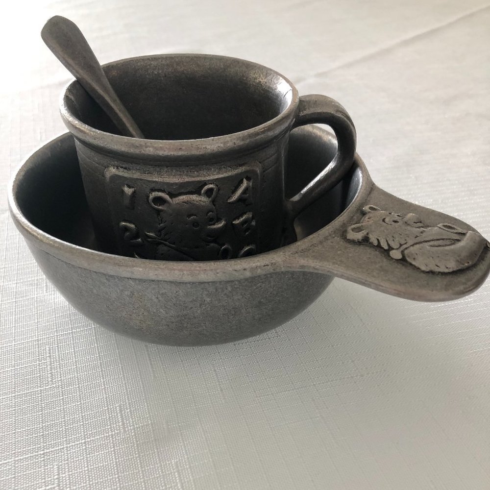 VTG Carson Pewter Teddy Bear Baby Bowl & ABC 123 Mug Set Including Spoon